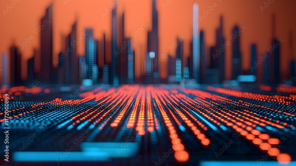 Poster abstract digital cityscape with vibrant lighting and geometric patterns representing modern technolo