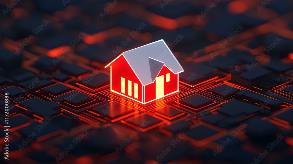 Poster digital home concept surrounded by circuit board elements and futuristic technology background