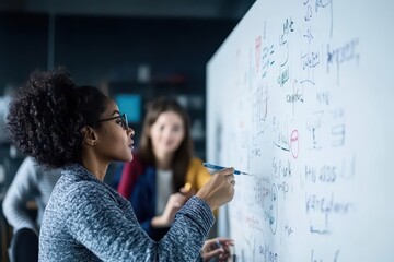 Diverse group of professionals brainstorming growth strategies, collaborative atmosphere, sleek office setting, innovative ideas on whiteboard
