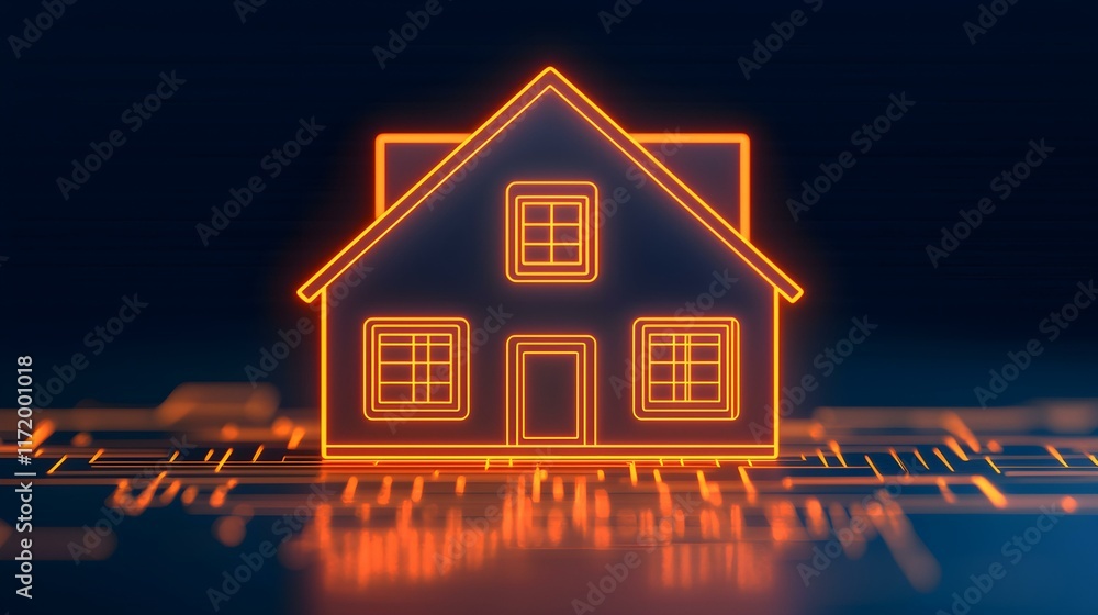 Aufkleber neon outline of a house on a circuit board background representing smart home technology concepts an
