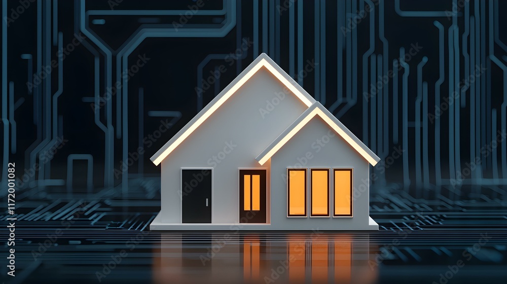 Poster modern house model with digital circuit background representing technology and innovation in real es