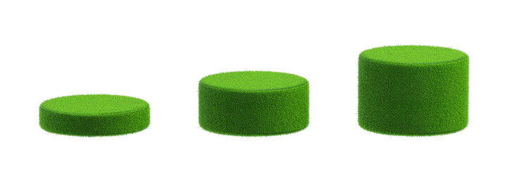 Green grass podium pedestal display cylinder circle. Grass material object. platform place fashion, cosmetic skincare or beauty product. PNG file. 3D Illustration.
