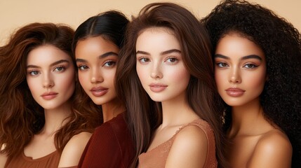 Obraz premium A striking image capturing a diverse group of stunning women of different ethnicities, showcasing their natural beauty and flawless, radiant skin