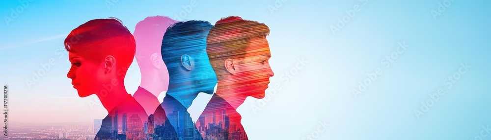 Poster Dynamic set portrayal wrapped in curved lines focus on flowing tones double exposure silhouette with abstract motion