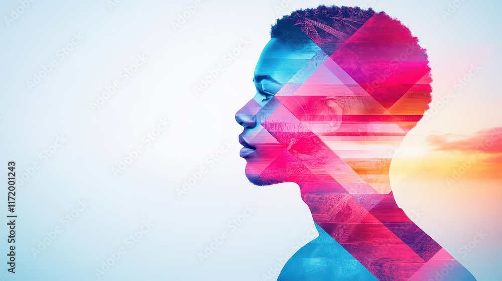 Fototapete Dynamic set style enmeshed in overlapping lines focus on vivid contrasts double exposure silhouette with layered patterns