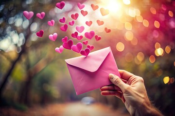 Documentary photograph: a pink Valentine's Day love letter, hearts scattered, capturing romantic intimacy.