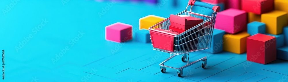 Poster Vibrant Shopping Cart Surrounded by Multicolored Cubes Creating a Playful and Lively Atmosphere in a Bright and Cheerful Retail Environment