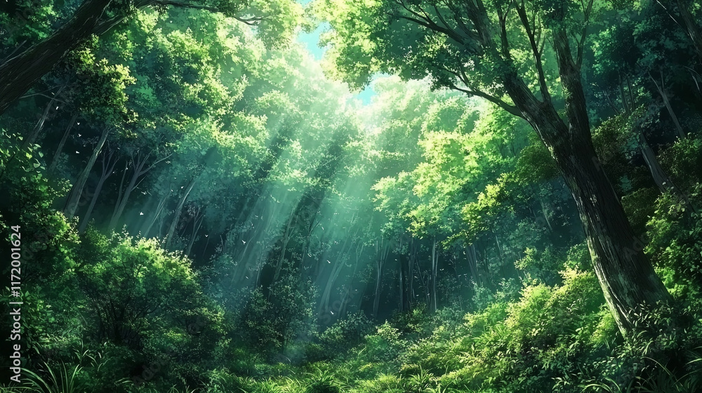 Poster sunlight filtering through a dense forest canopy creates a serene atmosphere in nature