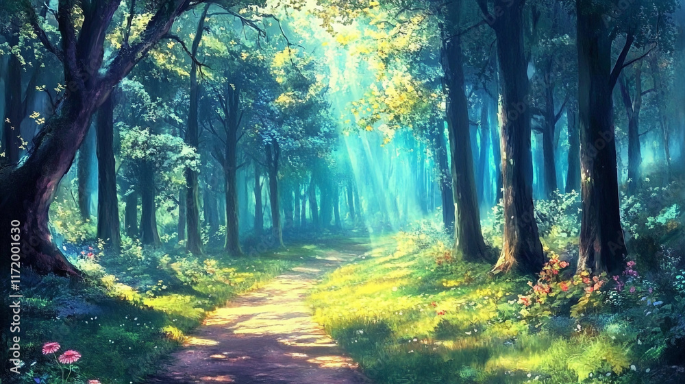 Poster sunlight filters through a serene forest, creating a magical pathway for exploration