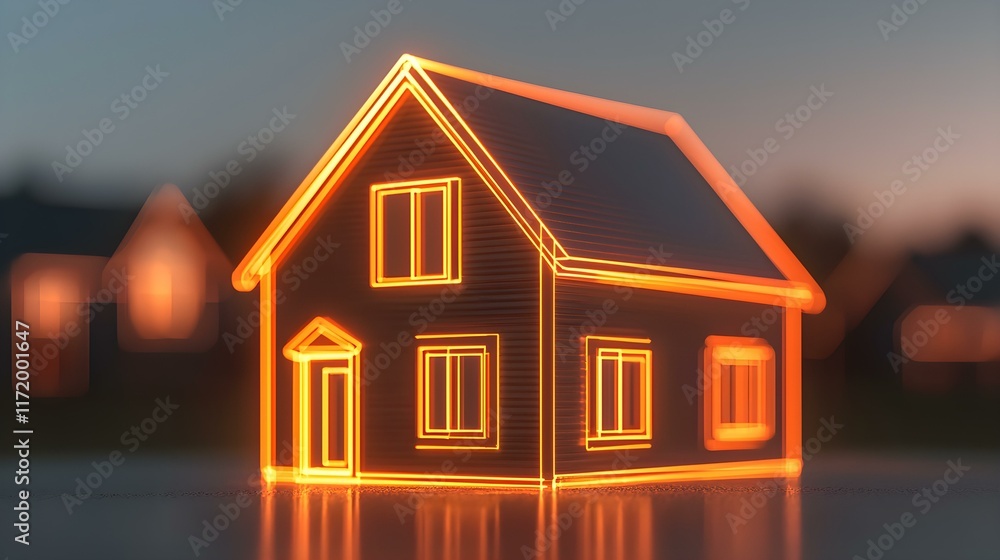 Poster illuminated house model creating warm atmosphere in evening setting with soft focus background