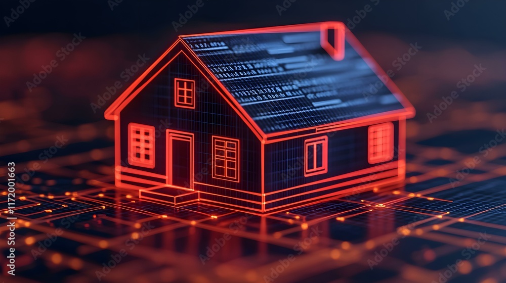 Poster digital house representation with glowing lines on a dark background showcasing technology and innov
