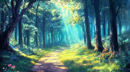 Naklejka premium Sunlight filters through a serene forest, creating a magical pathway for exploration