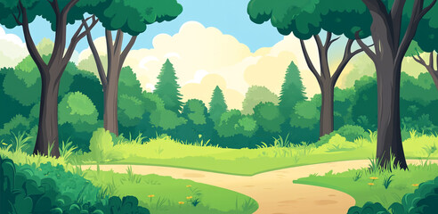Lush green woodland with a serene path diverging at a sunny clearing