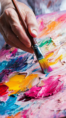 Fototapeta premium Artist's hands create a vibrant canvas with a brush and vivid colors in a studio setting