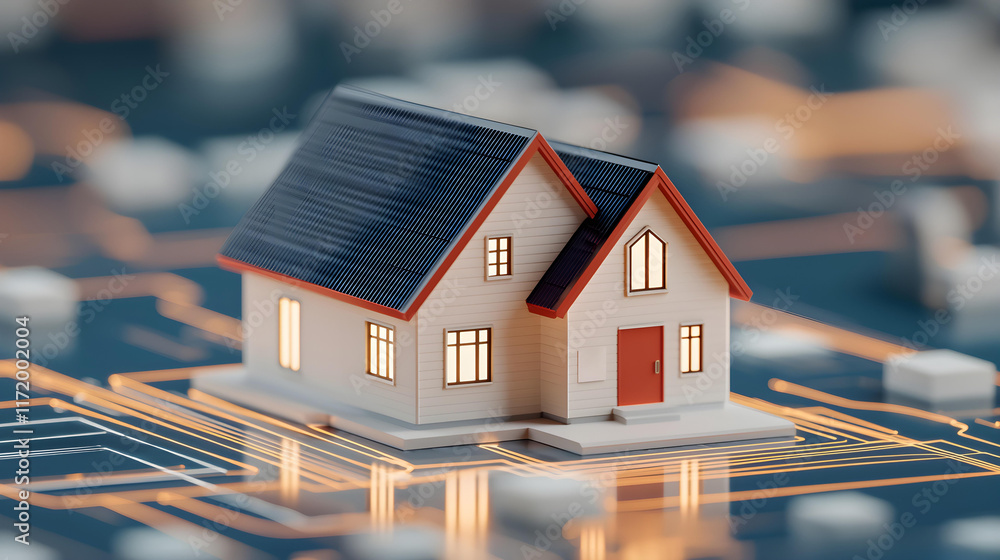 Poster miniature house model on circuit board representing smart home technology and digital connectivity c