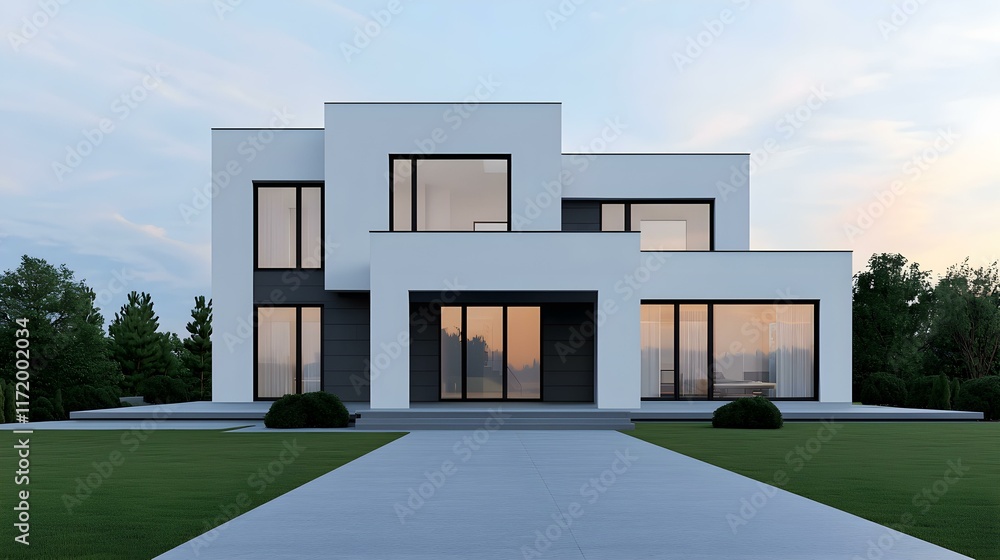 Poster modern minimalist architecture with clean lines and expansive windows at twilight in a residential s