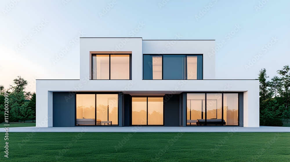Poster modern minimalist house design with large windows and open spaces in serene outdoor setting at sunse