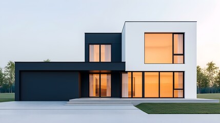 Modern minimalistic residence with sleek lines, large windows, and stylish exterior in serene environment at dusk