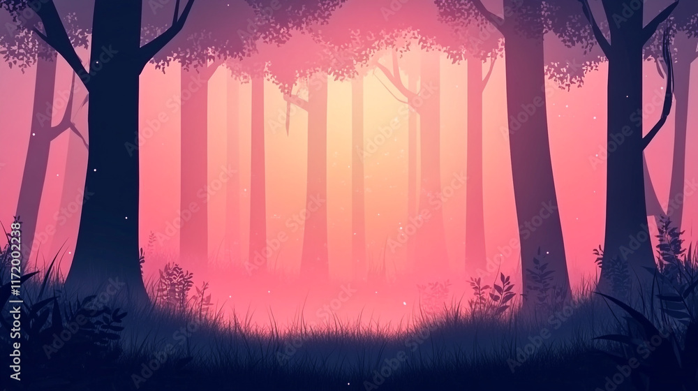 Poster misty forest at twilight creating a magical atmosphere with soft light