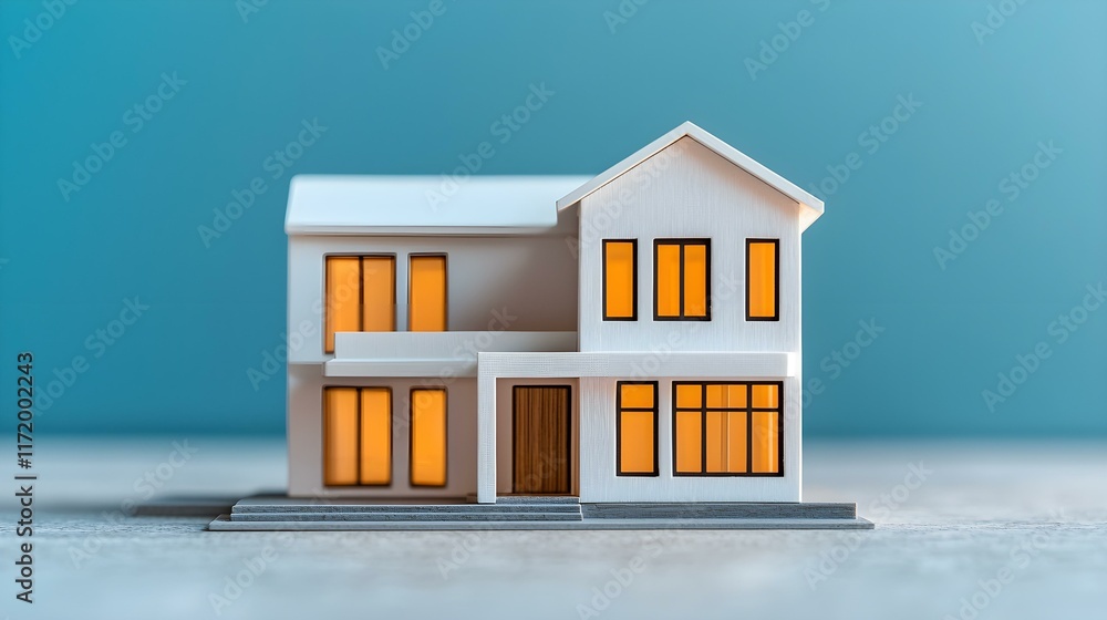 Poster miniature model of a modern house with warmly lit windows on a blue background displaying architectu