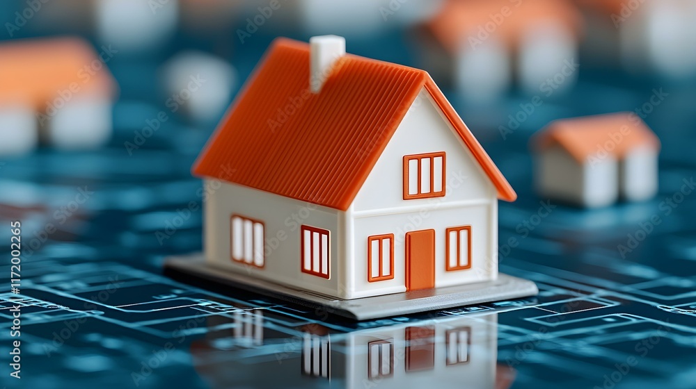Poster miniature house model on architectural blueprint background representing home ownership and real est
