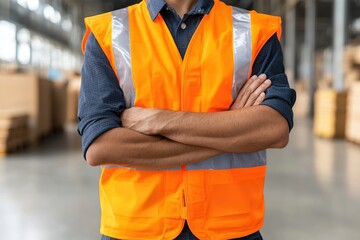 A confident worker in an orange safety vest stands with arms crossed in a warehouse setting, emphasizing safety and professionalism.