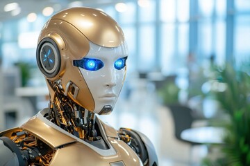 Fototapeta premium A close up of a humanoid robot with sleek metallic features, glowing blue eyes, and futuristic design elements, standing in a sleek modern environment