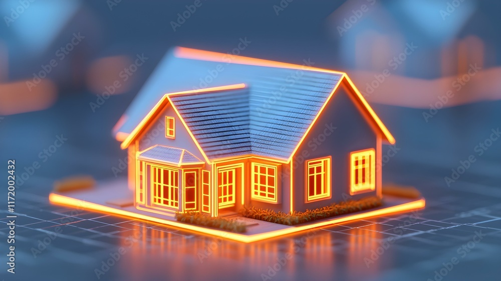 Poster of a glowing model house in a digital environment with perspective view and modern design elements