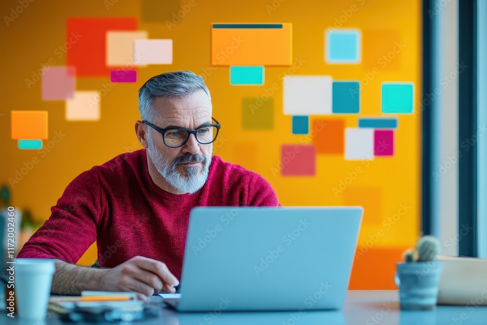 Aufkleber focused man in bright red sweater engaged with laptop on a cozy desk surrounded by warm lighting cre