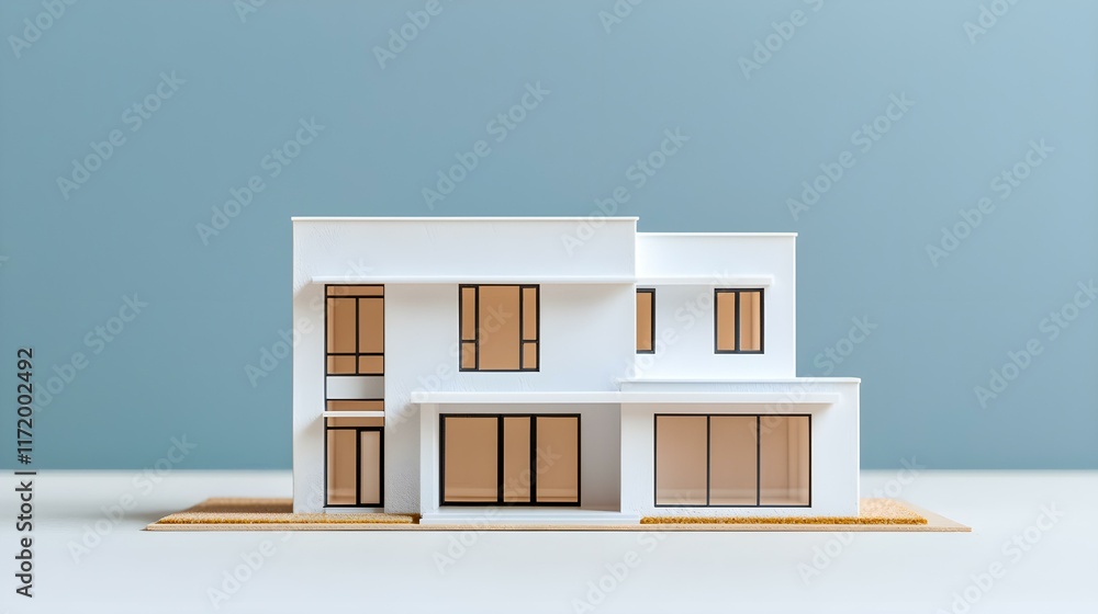 Poster modern architectural model of a minimalist house with large windows and clean lines on a light backg