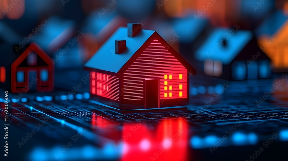 Poster conceptual digital house with glowing lights on circuit board background representing smart home tec