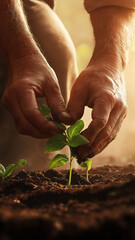 Gardener tending to young plants in rich soil under warm sunlight during spring