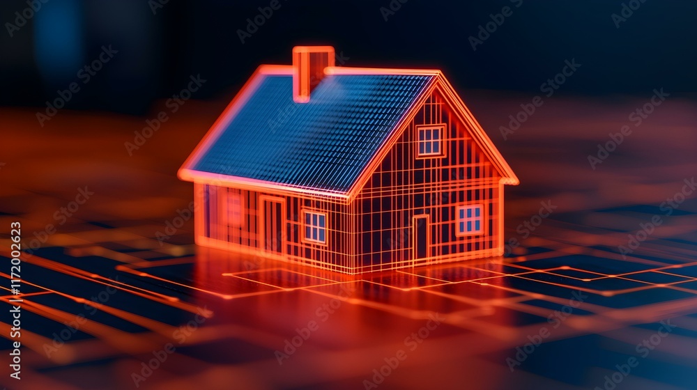 Poster of a neon house model on a circuit board background representing smart home technology and digital i