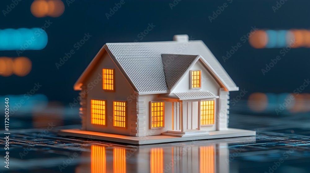 Poster miniature model of a house illuminated at night with a modern digital background showcasing technolo