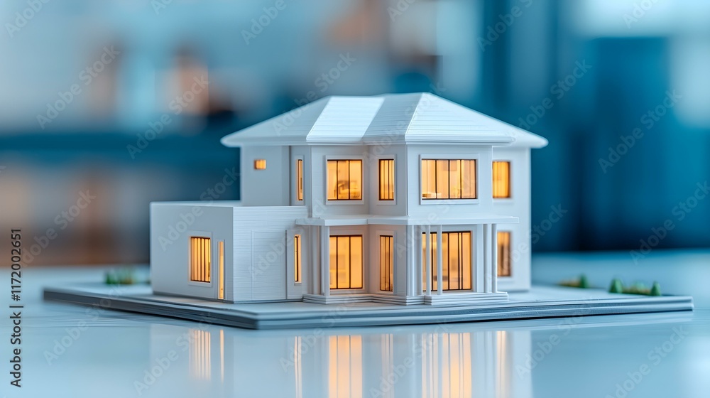 Poster detailed architectural model of a modern house with illuminated windows on a soft background