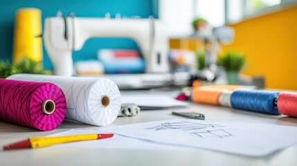 Fashion designer s workspace with sewing machines, fabric rolls, and sketches, Setup, Creative design process