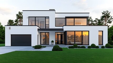 Modern minimalist architectural design of a stylish white house with large windows and lush green yard at sunset