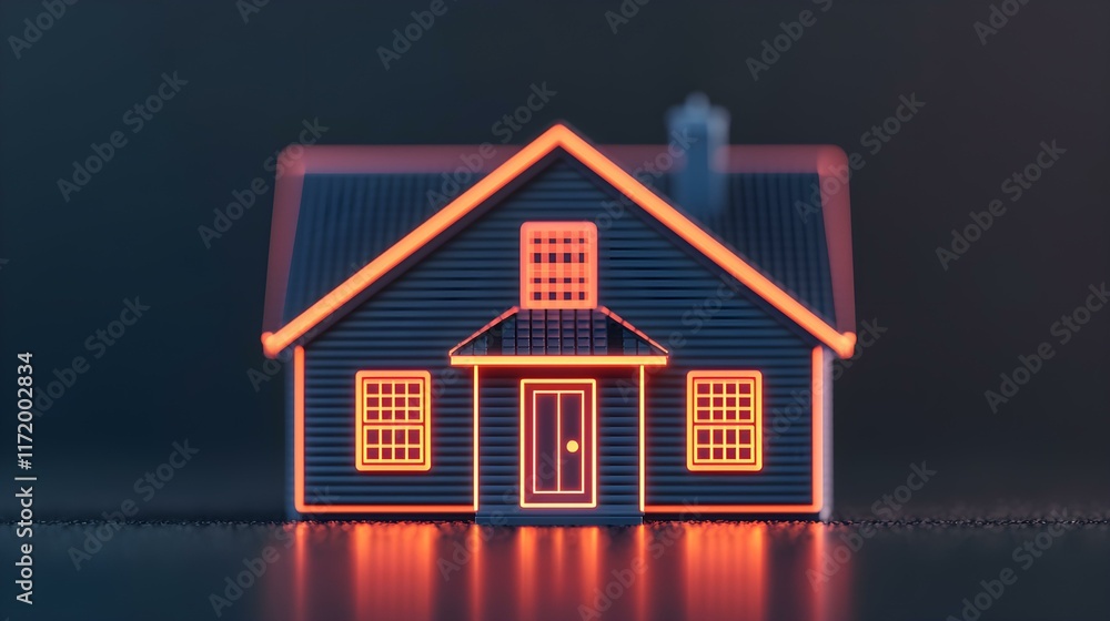 Poster illuminated model of a house with neon lights on a dark background showcasing architectural design a