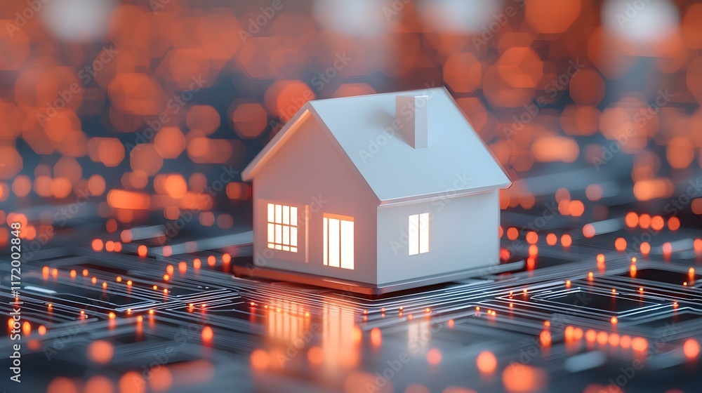 Poster miniature white house model glowing on abstract technology background with orange lights and circuit