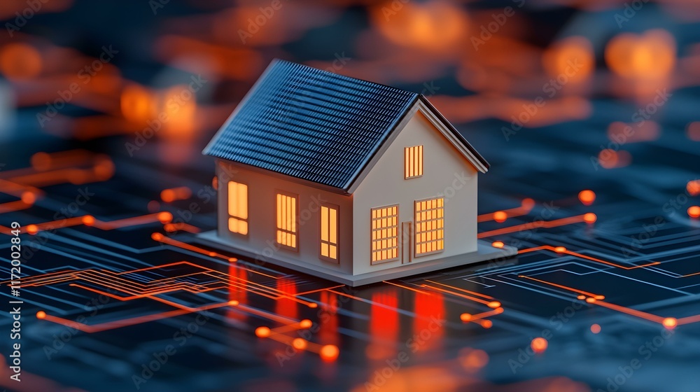 Poster modern smart home concept on digital circuit background with warm glow and innovative technology ele