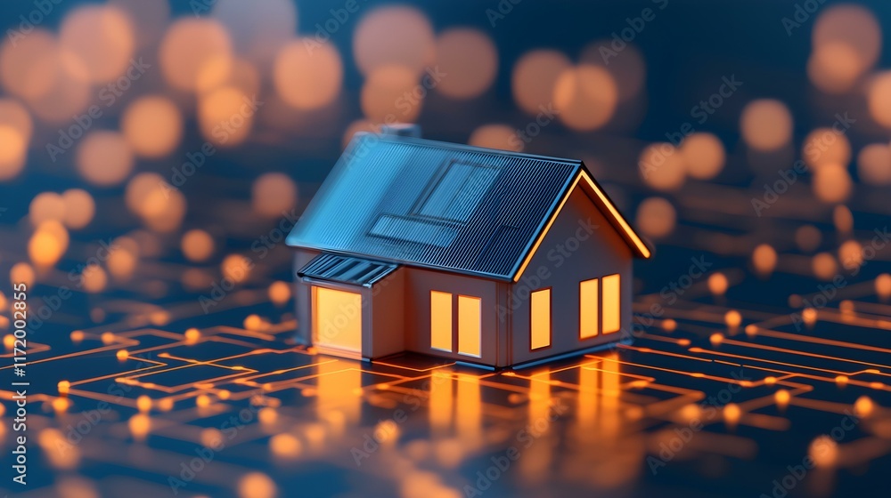 Aufkleber miniature house model illuminated with warm lights on a digital circuit background representing smar