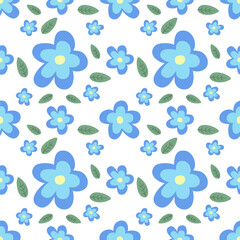 Seamless pattern of blue flowers and leaves, fresh and elegant design.