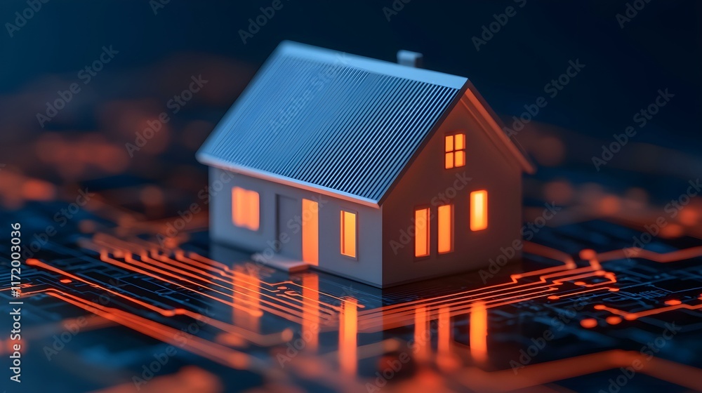 Poster miniature house model glowing against a digital circuit background representing technology and innov