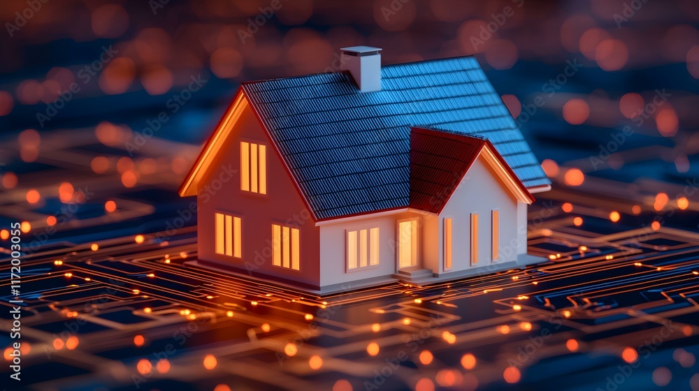 Poster digital representation of a house surrounded by circuit patterns and glowing lights, symbolizing sma