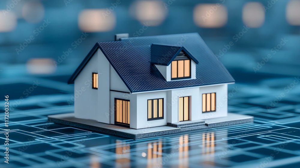 Poster realistic model of a house on a digital blueprint background representing modern architecture and sm