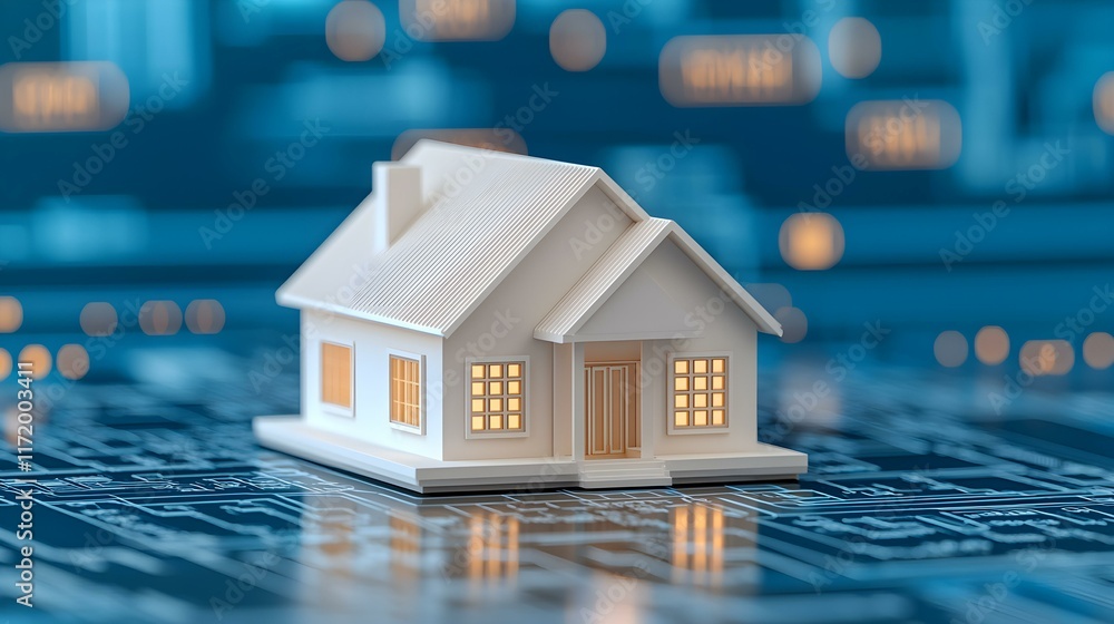 Poster modern small house model on digital circuit board background representing smart home technology conc