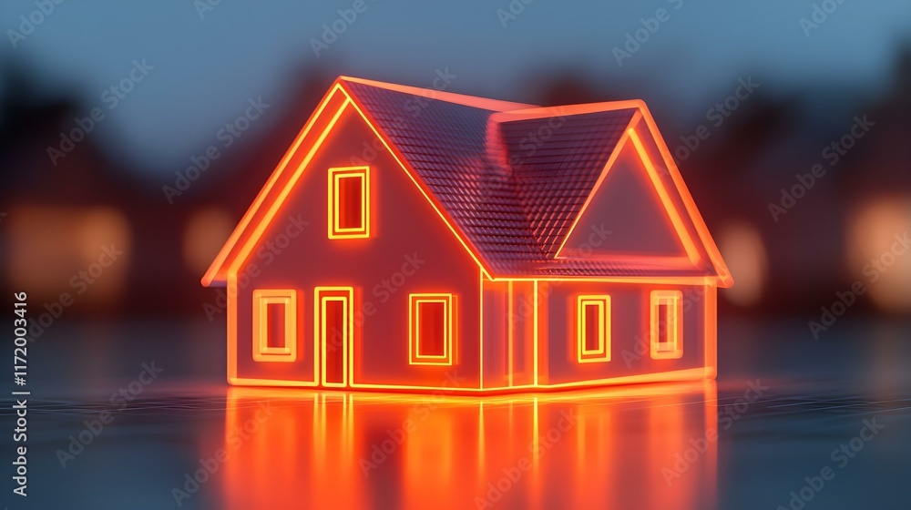 Poster glowing model house with neon effect and reflections on smooth surface at dusk