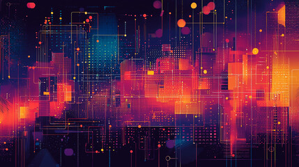 Fototapeta premium Abstract digital art featuring vibrant colors and geometric shapes, evoking technology themes.