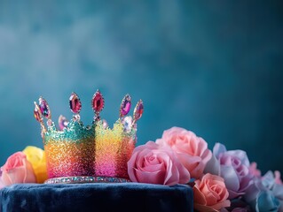 Elegant Crown Surrounded by Vibrant Floral Arrangement Symbolizing Royalty and Natural Beauty in a Captivating and Graceful Composition of Blooms