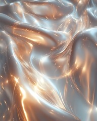 Abstract glossy metallic surface with flowing, wavy texture and warm light reflections.